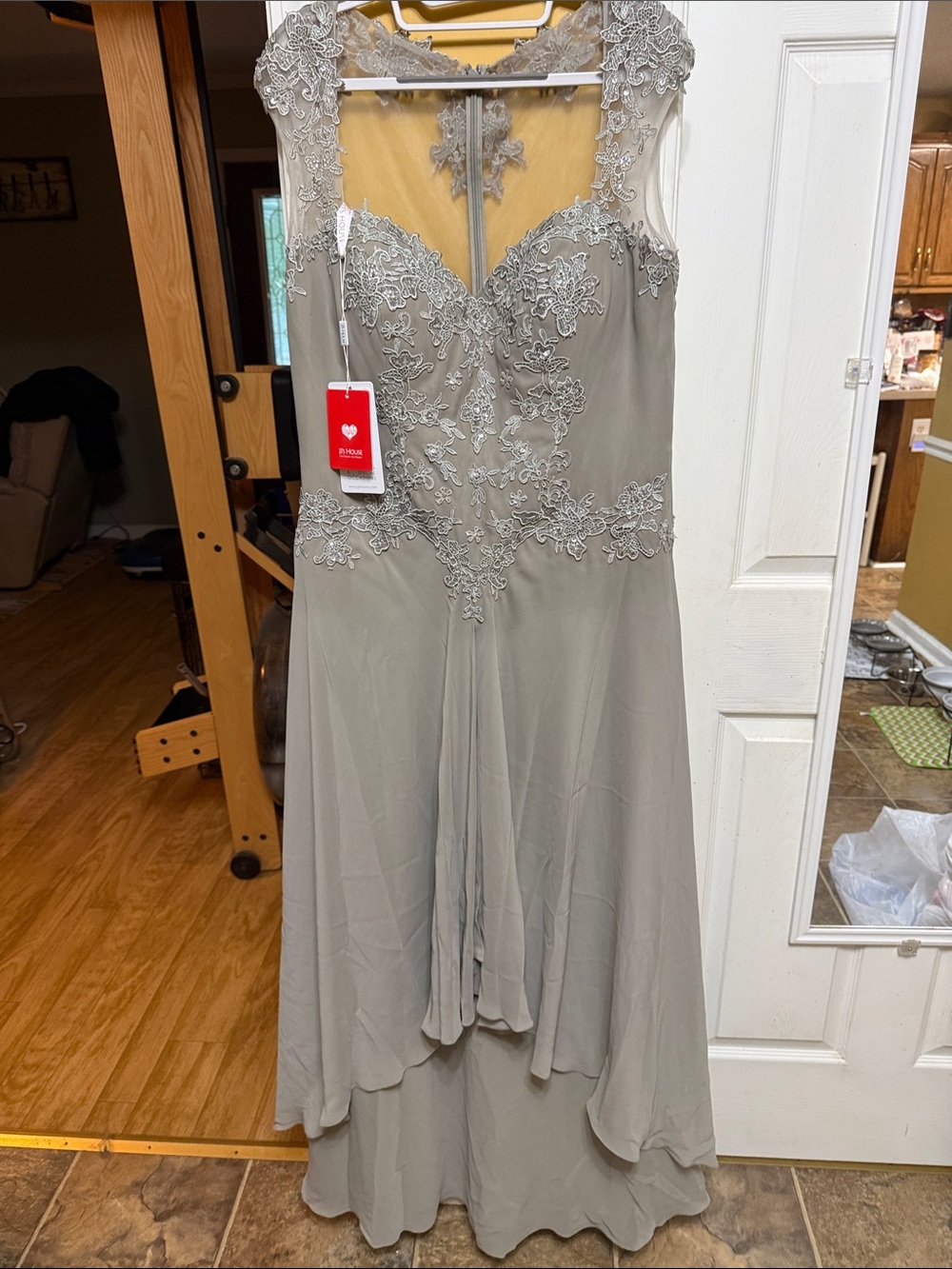 JJs House Gray High-Low Lace Appliqué Evening Dress